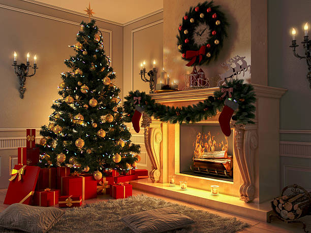 New interior with Christmas tree, presents and fireplace. Postcard. stock photo