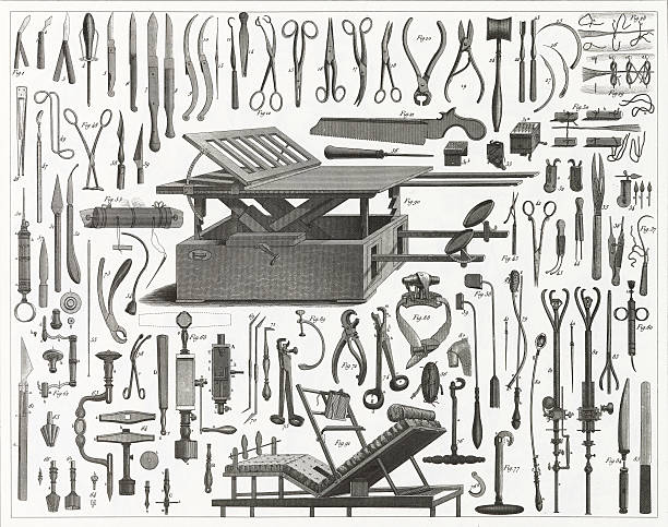 ilustrações, clipart, desenhos animados e ícones de victorian equipamento cirúrgico - medical supplies scalpel surgery equipment