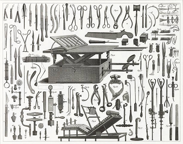 Victorian Surgical Equipment Engraved illustrations of Various Surgical Instruments from Iconographic Encyclopedia of Science, Literature and Art, Published in 1851. Copyright has expired on this artwork. Digitally restored. drawing of hand tool stock illustrations