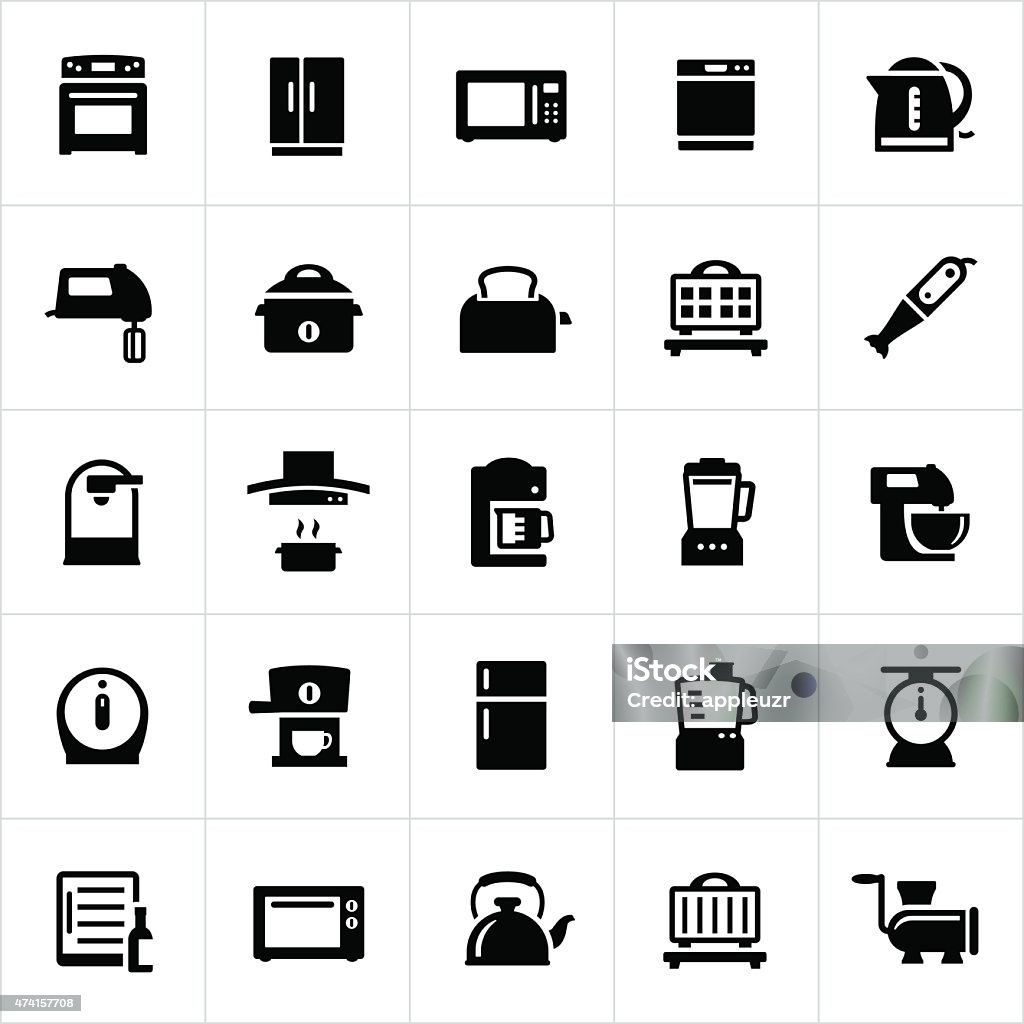 Kitchen and Cooking Appliances Common cooking appliances found in residential and commercial kitchens. The icons include large kitchen appliances including a stove, refrigerator and dishwasher as well as small kitchen appliances including a coffee maker, mixers, toaster, blender, waffle iron, wine refrigerator and food processor to name a few. Icon Symbol stock vector