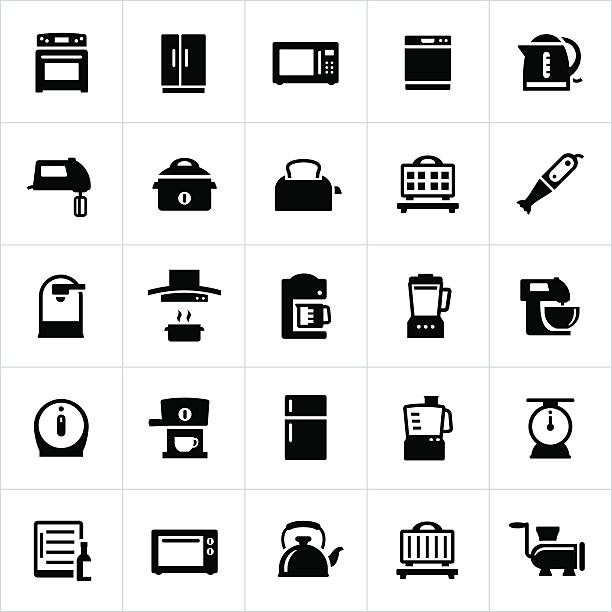 Kitchen and Cooking Appliances Common cooking appliances found in residential and commercial kitchens. The icons include large kitchen appliances including a stove, refrigerator and dishwasher as well as small kitchen appliances including a coffee maker, mixers, toaster, blender, waffle iron, wine refrigerator and food processor to name a few. kitchen symbols stock illustrations