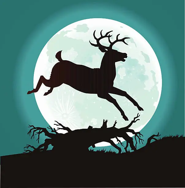 Vector illustration of Deer Jumping Over Fallen Tree at Full Moon