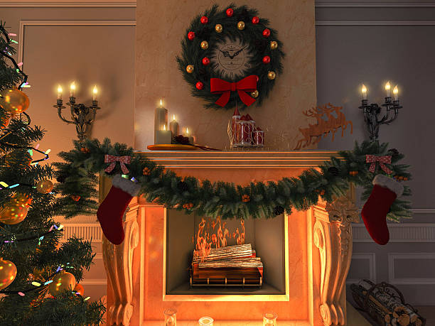istock New interior with Christmas tree, presents and fireplace. Postcard. 474158118