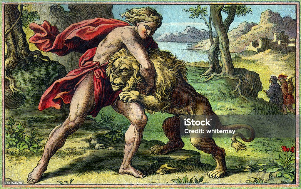 Samson and the Lion (Victorian engraving) Samson slaying a lion after being given supernatural strength by God. From “Favourite Bible Stories” published by Thomas Nelson & Sons, London, Edinburgh and New York in 1893. Ancient stock illustration