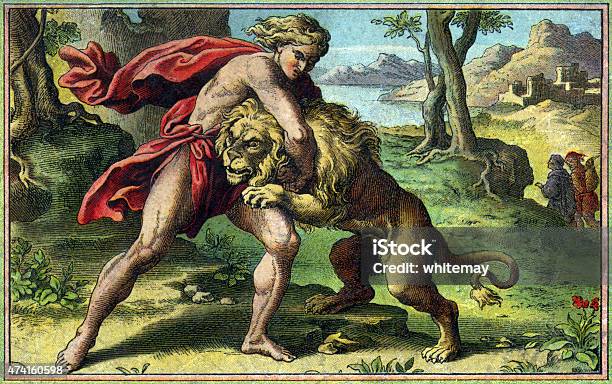 Samson And The Lion Stock Illustration - Download Image Now - Ancient, Animal, Lion - Feline