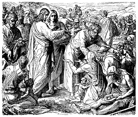 The feeding of the five thousand with five loaves and two fishes by Jesus and his Disciples (the miracle of the loaves and fishes). From “Favourite Bible Stories” published by Thomas Nelson & Sons, London, Edinburgh and New York in 1893.