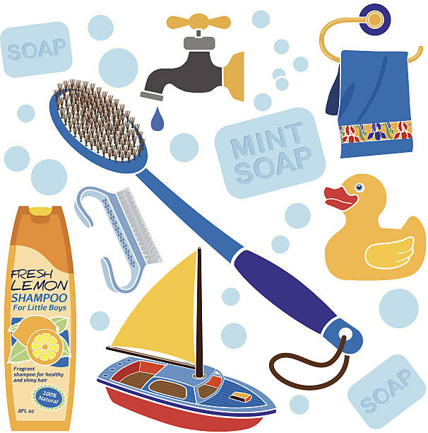 bad-accessoires für kleine jungen - rückenbürste stock-grafiken, -clipart, -cartoons und -symbole