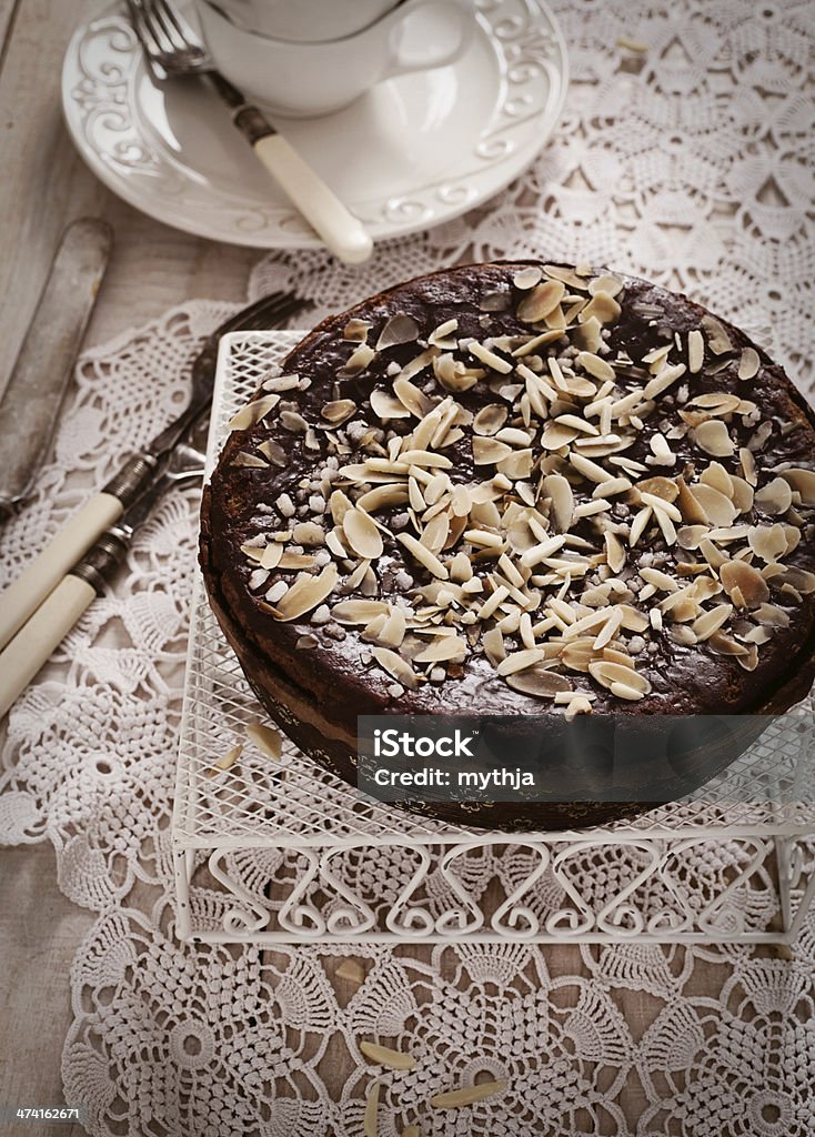 Chocolate pie Chocolate pie. Vintage dessert tart with chocolate and almonds Almond Stock Photo