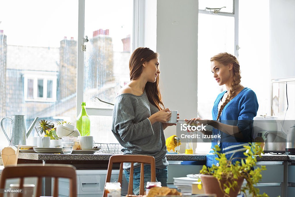 Female roommates Two female roommates talking in the kitchen after breakfast. Washing Dishes Stock Photo