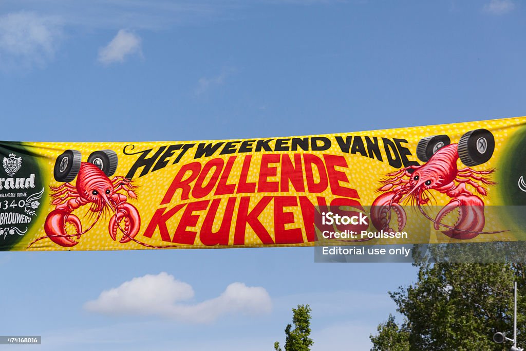 rollling kitchen or food truck festival Amsterdam,netherlands-may 17, 2015: banner with the announcement of the rollling kitchen or food truck festival in the west park in Amsterdam 2015 Stock Photo