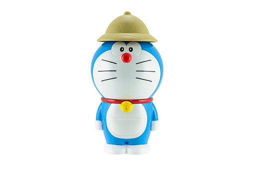 Bangkok,Thailand - May 17, 2015: Doraemon a blue robot cat with brown hat a main protagonist of Doraemon Japanese animation cartoon. There are plastic toy sold as part of the McDonald's Happy meals.