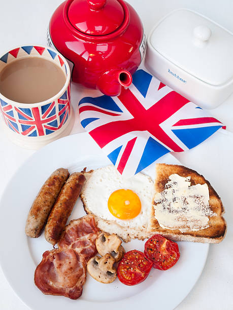 istock Bacon,  eggs and sausages british flag, tea, teapot, toast 474169393