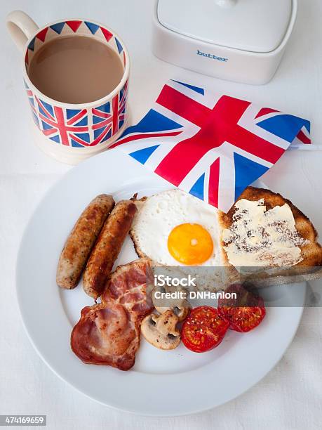 Bacon And Eggs With British Flag Tea Butter Dish Stock Photo - Download Image Now