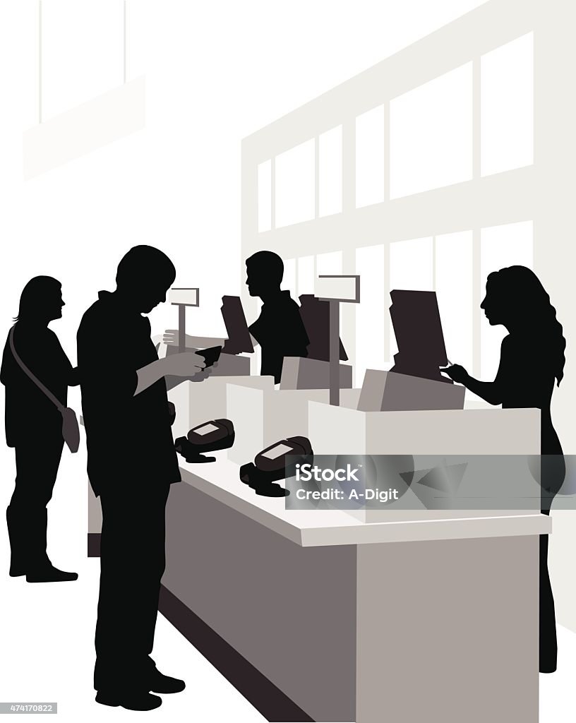 Paying Cash A vector silhouette illustration of a young man paying for his purchase at a cash register. A young female cashier is processing his transaction. A young man is also checking out a manyure woman in the background. In Silhouette stock vector