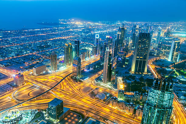 istock Dubai Skyline Illuminated at Dusk, Aerial View 474173094