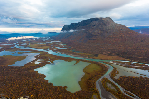 View from mount Namatj over Laitaure delta in Sarek national park in Sweden, Lapland, Swedish lapland in the month of september