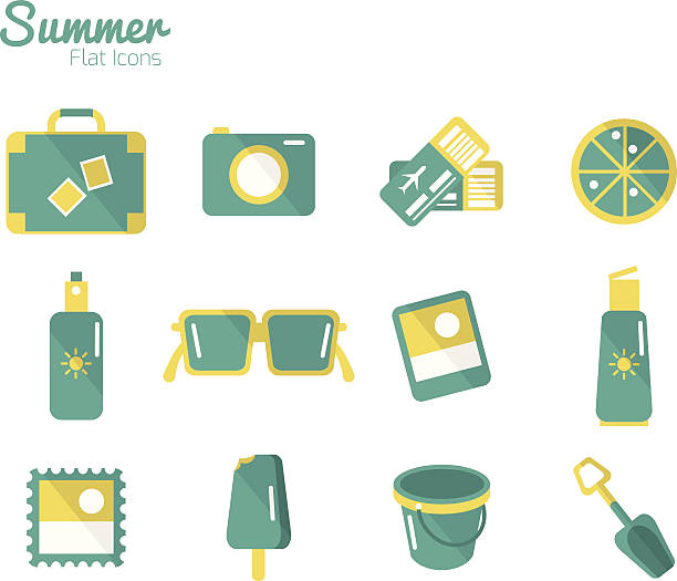 набор летни�х значки - postage stamp silhouette beach suitcase stock illustrations