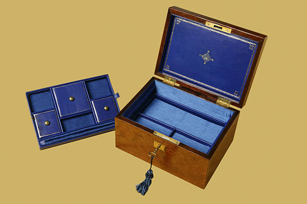 istock Old jewelry box with compartments on blue velvet 474180043