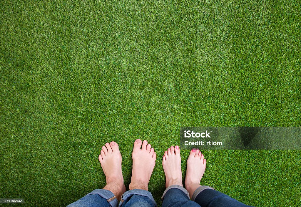 Men and woman  legs standing together on grass Couple legs standing together with love on summer grass Grass Stock Photo