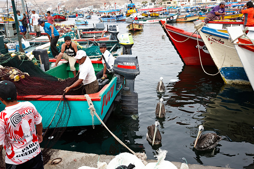 Pucusana, Peru - January 20, 2015: Fishermen at work in Peruvian coastal village at Pucusana. Men are on their boat in the harbour folding their trawling nets