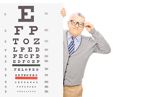 istock Senior gentleman with glasses standing behind eyesight test 474192771
