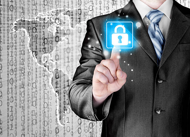 istock Businessman touch lock on world map  background 474193339