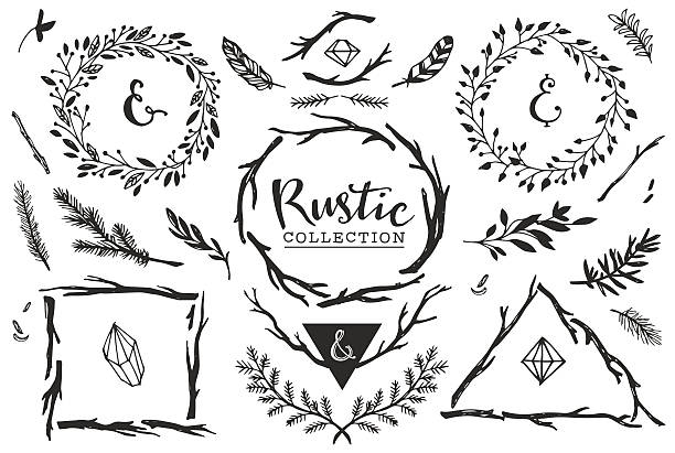 Rustic decorative elements with lettering. Hand drawn vintage vector design set. tree borders stock illustrations