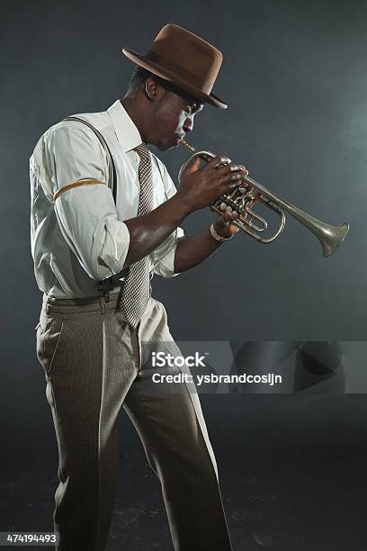Black African American Jazz Trumpet Player Vintage Studio Shot Stock Photo - Download Image Now