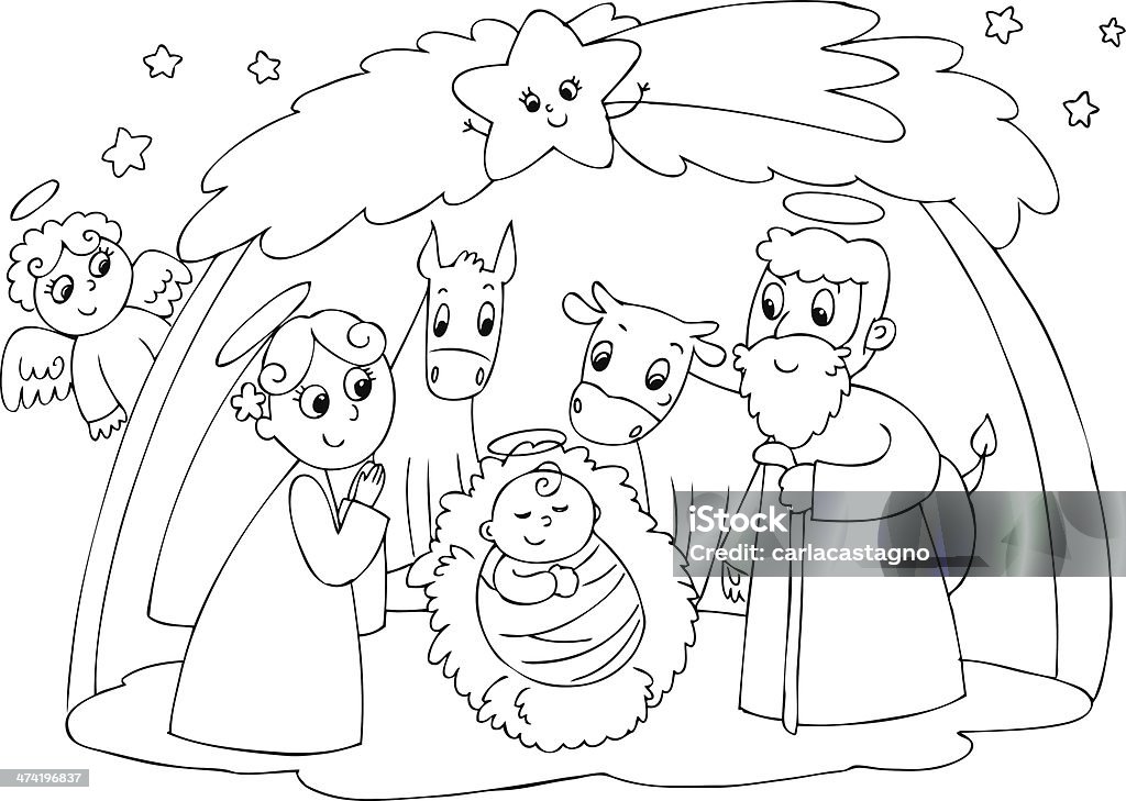 Nativity: Mary Joseph and Jesus Christmas nativity scene: Jesus , Mary and Joseph in a old hut. Coloring illustration for children. Nativity Scene stock vector