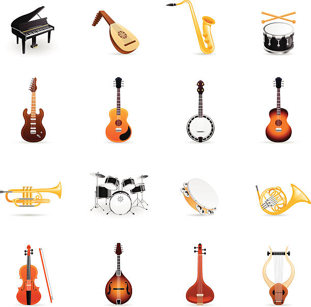 ilustraciones, imágenes clip art, dibujos animados e iconos de stock de color de los iconos de instrumentos musicales - equipo musical