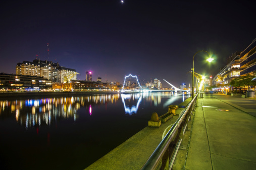 Photo of Puerto Madero at night, Argentina. The famous bridge called \