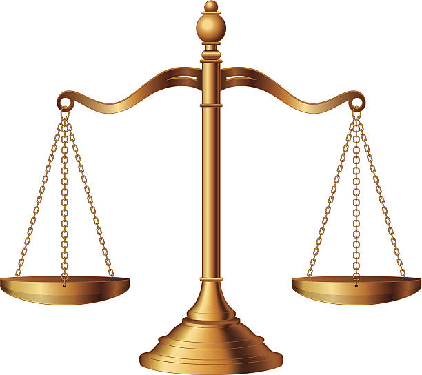 Scales of Justice Illustration of the scales of justice symbolizing the measure of a case's support and opposition in a court of law. equal arm balance stock illustrations
