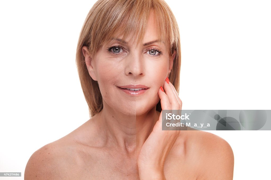 Before-and-after of mature woman Mature woman with edited and unedited skin Before and After Stock Photo