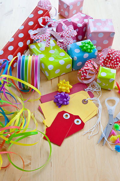 istock Colorful gift boxes wrapped in dotted paper 474214347