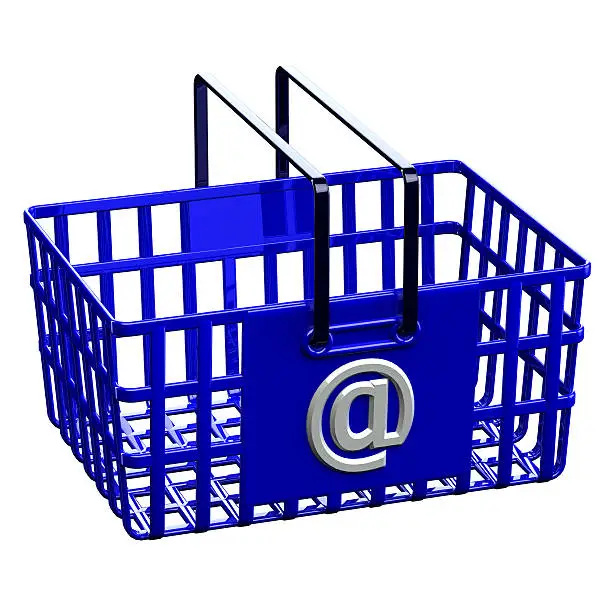 Blue shopping basket with sign @, isolated on white background. 3D render.