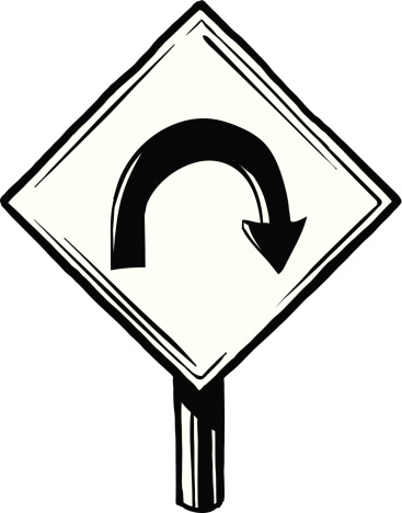 U traffic sign warning motorists that the road curves back on itself, black and white hand-drawn vector illustration