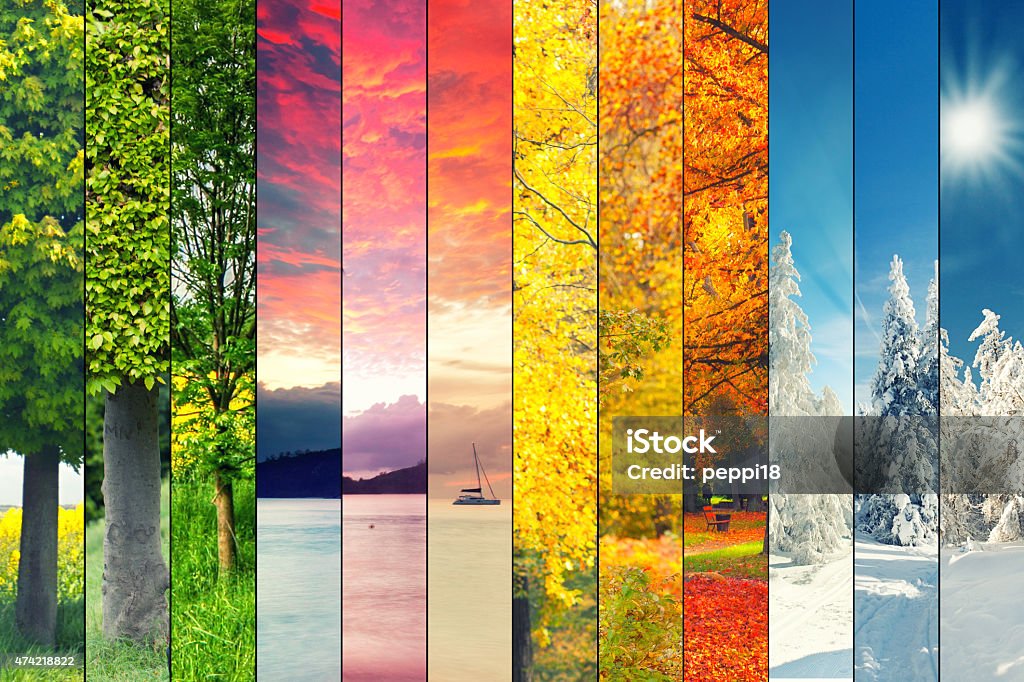 planet earth Four seasons collage, several images of beautiful natural landscapes at different time of the year, autumn, winter, spring and summer weather, planet earth life cycle concept Four Seasons Stock Photo