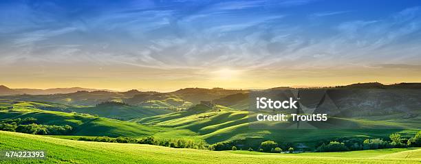 Idyllic Landscape Sunset Over Green Fields Of Tuscany Stock Photo - Download Image Now