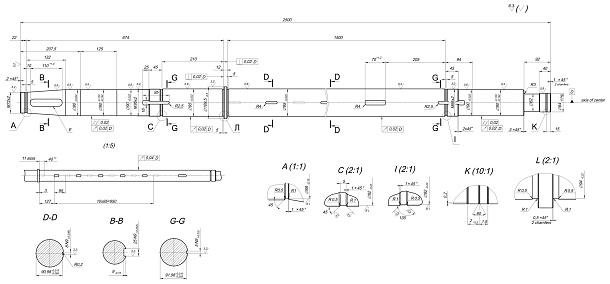 Expanded sketch of shaft with slots and hatching. Engineering drawing with lines, angle degrees and numbers
