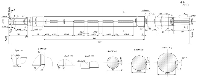 Expanded sketch of shaft with radius, polishing and hatching. Engineering drawing with lines, angle degrees and numbers