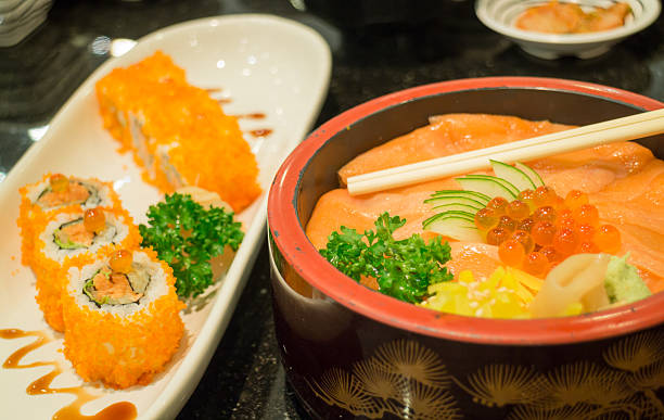 istock Japanese salmon sashimi and sushi roll 474226724