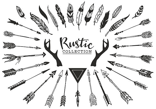 Rustic decorative antlers, arrows and feathers. Hand drawn vintage vector design set. arrow bow and arrow stock illustrations