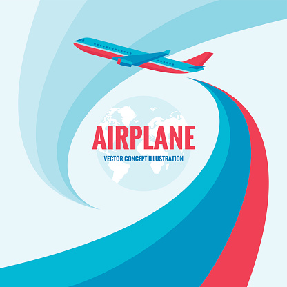 Airplane - vector concept illustration with abstract background. Airplane silhouette illustration for transportation or travel company. Design elements.