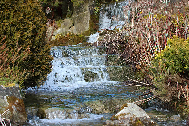 画像の自然な rockery 滝で、岩に囲まれた庭園 - natural phenomenon waterfall rock tranquil scene ストックフォトと画像