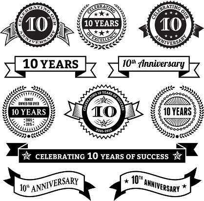 ten year anniversary vector badge set royalty free vector background. This image depicts multiple anniversary announcement designs on simple white background. The anniversary announcements look authentic and elegant. There are several designs of bages and insignia elements as well as banner ribbons. The designs are black.