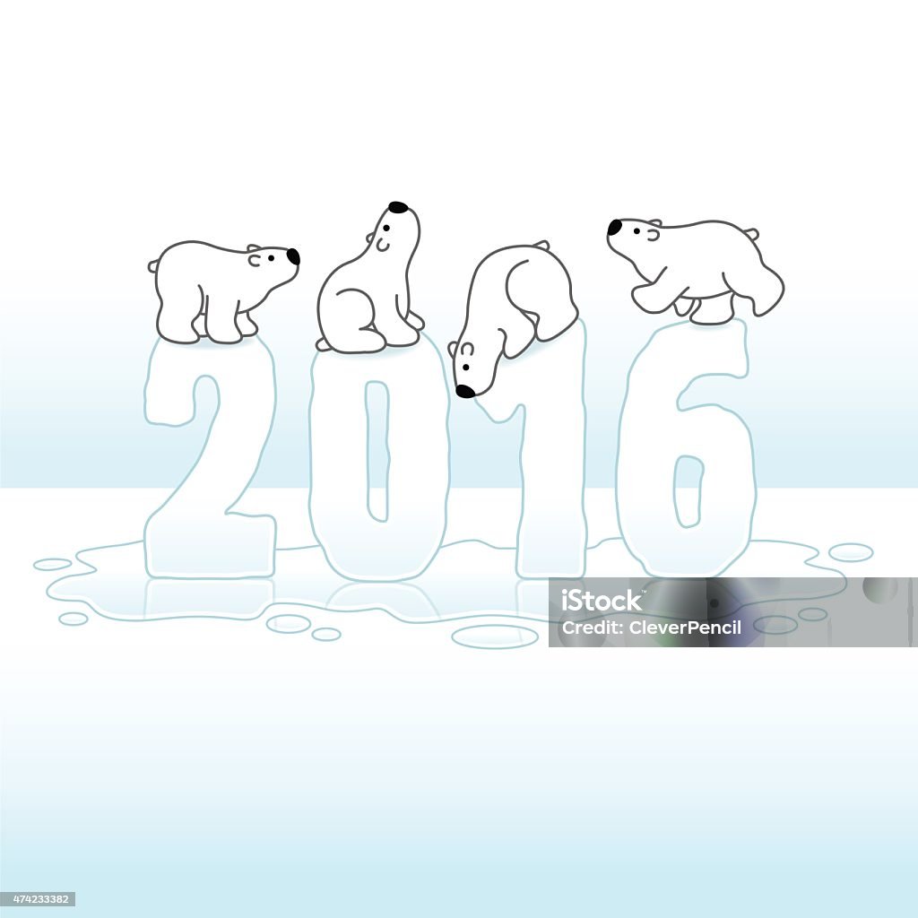 Four Polar Bears Balancing on Melting Year 2016 in Ice Four Cute Polar Bears Balancing on Melting New Year 2016 with Reflections in an Ice Cold Puddle 2015 stock vector