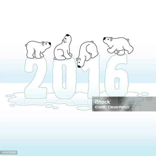 Four Polar Bears Balancing On Melting Year 2016 In Ice Stock Illustration - Download Image Now