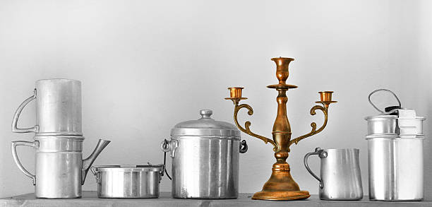 vintage kitchenware on country board shelf