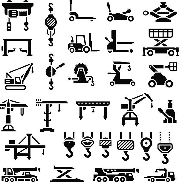 Set icons of lifting equipments, cranes, winches and hooks Set icons of lifting equipments, cranes, winches and hooks isolated on white. This illustration - EPS10 vector file. cable winch stock illustrations