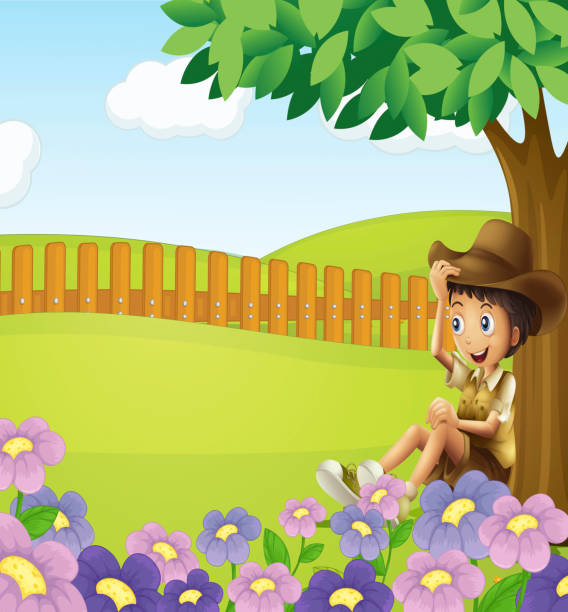 boy sitting under a tree boy sitting under a tree on a field person sitting on fence stock illustrations